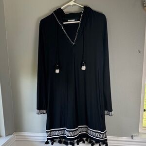 Cabana life Black Hooded swim cover up with Tassel Trim